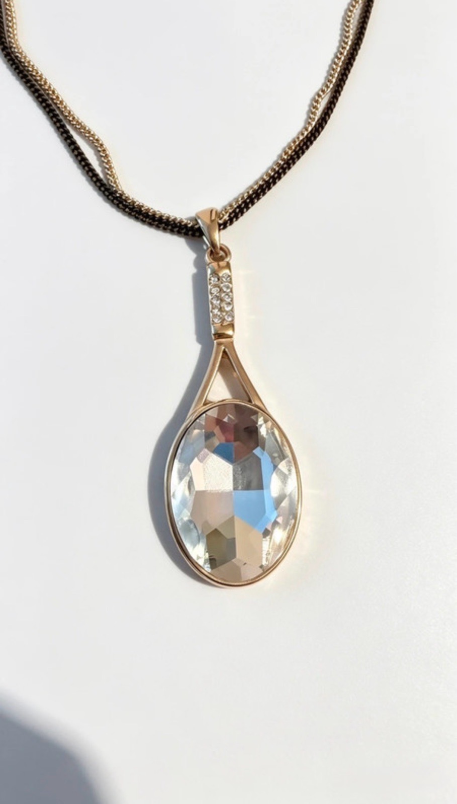 Tai Designer Statement Necklace Clear Crystal Teardrop Pendant Two Tone Gold Black Opera Length