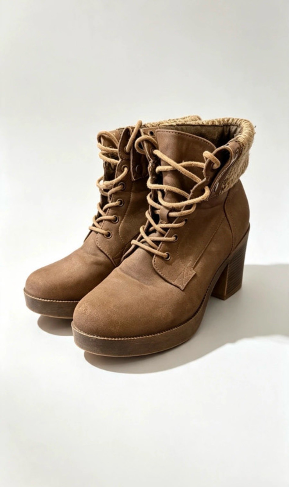 Brown Suede Knit Collar Lace Up Block Heel Boots UK 7