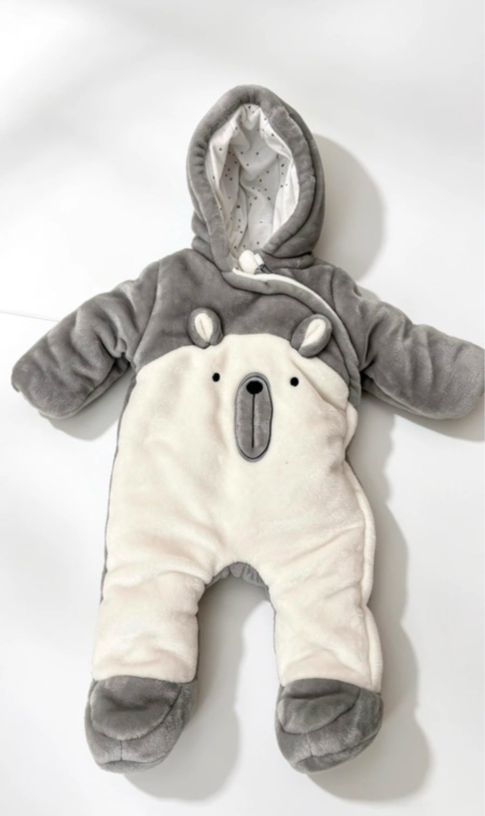 F&F Baby Fleece Bear Pram Suit Snowsuit Grey Cream 6-9 Months