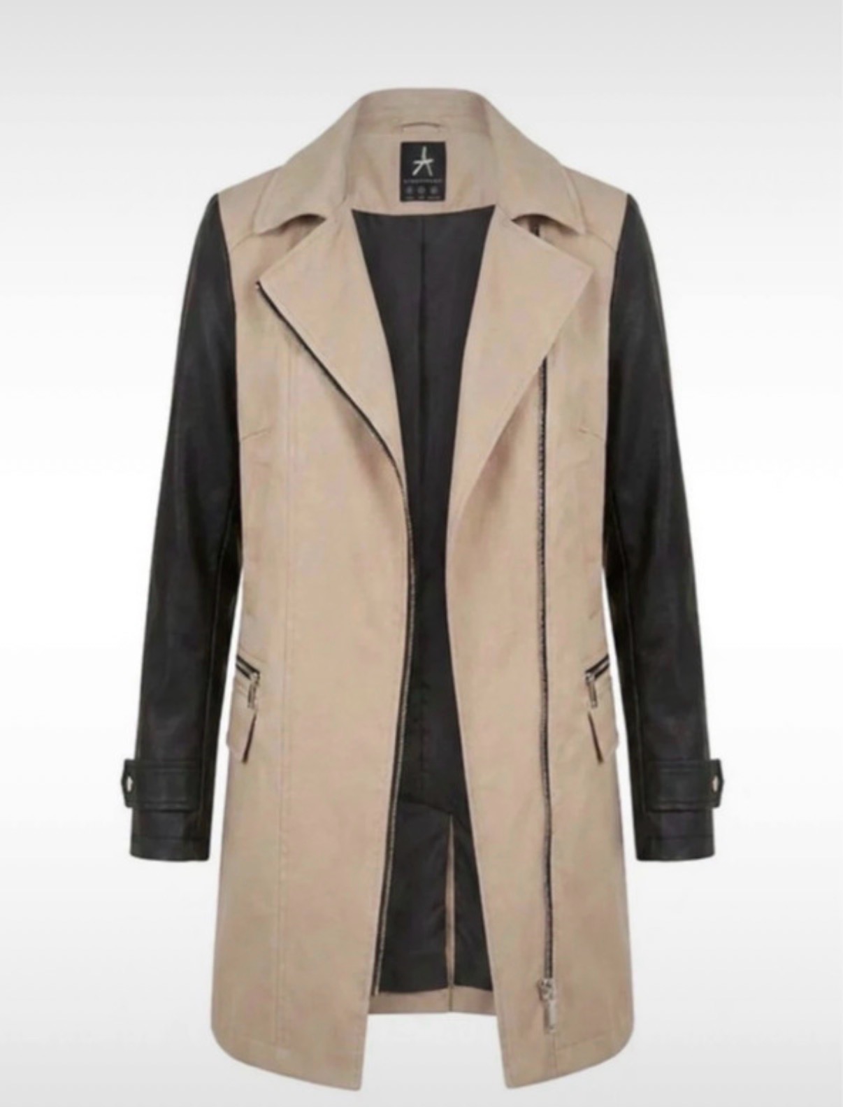 Atmosphere Beige Trench Coat Black Faux Leather Sleeves UK 14