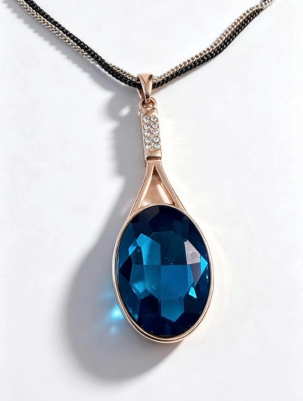 Tai Designer Statement Necklace Teal Blue Crystal Teardrop Pendant Two Tone Gold Black Chain