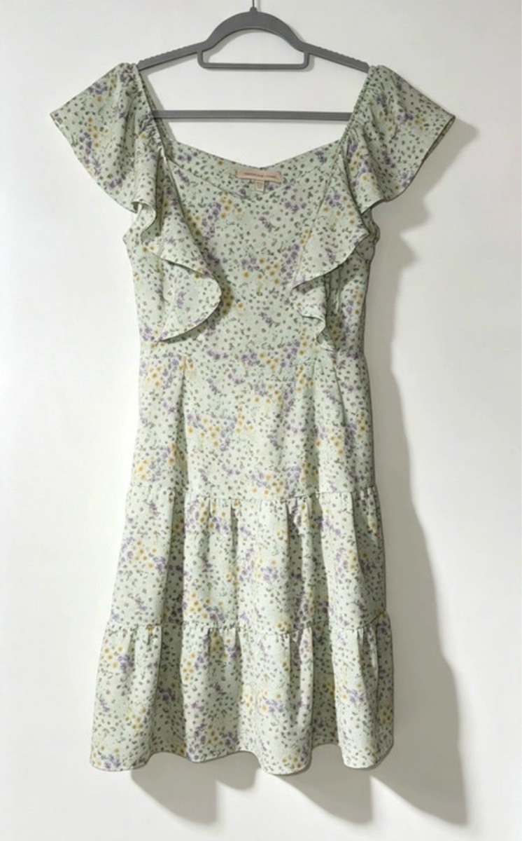 Monteau Los Angeles Sage Green Lilac Floral Ruffle Tiered Mini Dress Size M