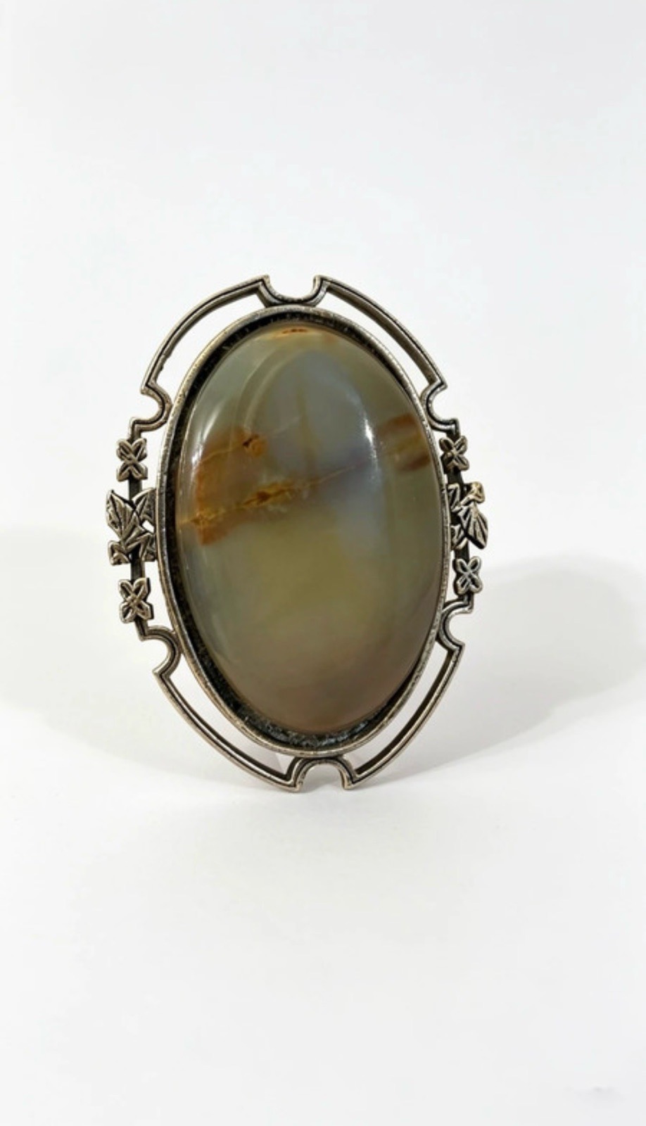 Vintage Miracle Celtic Brooch Gold Tone Moss Agate Effect Glass Cabochon Statement Jewellery