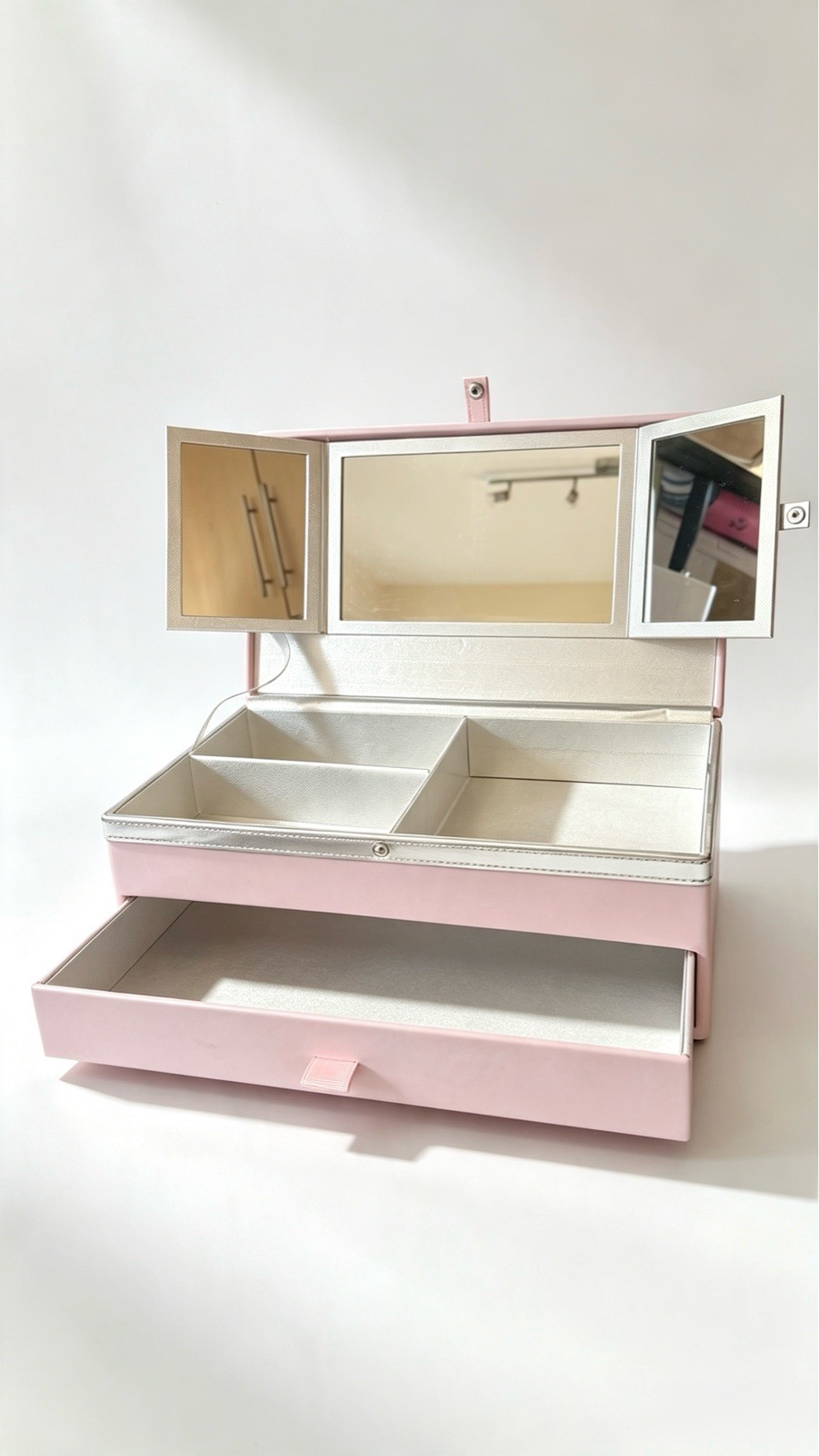Pink Faux Leather Jewellery Box Vanity Storage Organiser Case with Triple Mirror