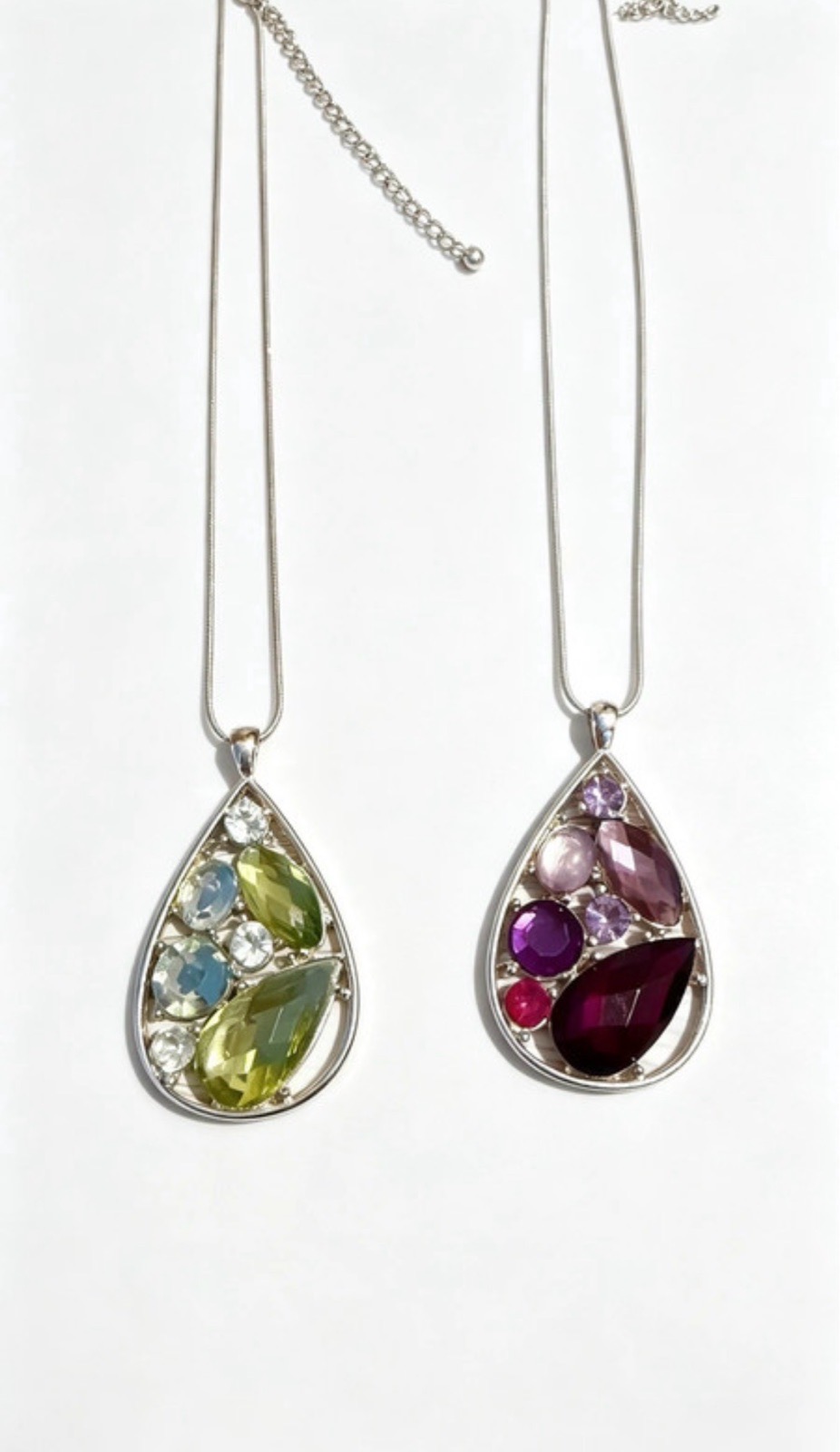 Silver Teardrop Crystal Pendant Necklaces 2 Pack Bundle Purple Green