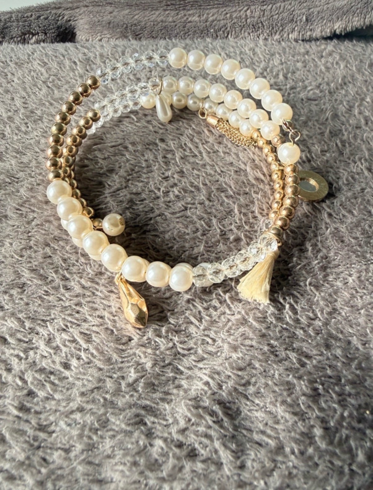 Gold-Tone Pearl & Beaded Wrap-Around Bracelet with Tassel & Charms