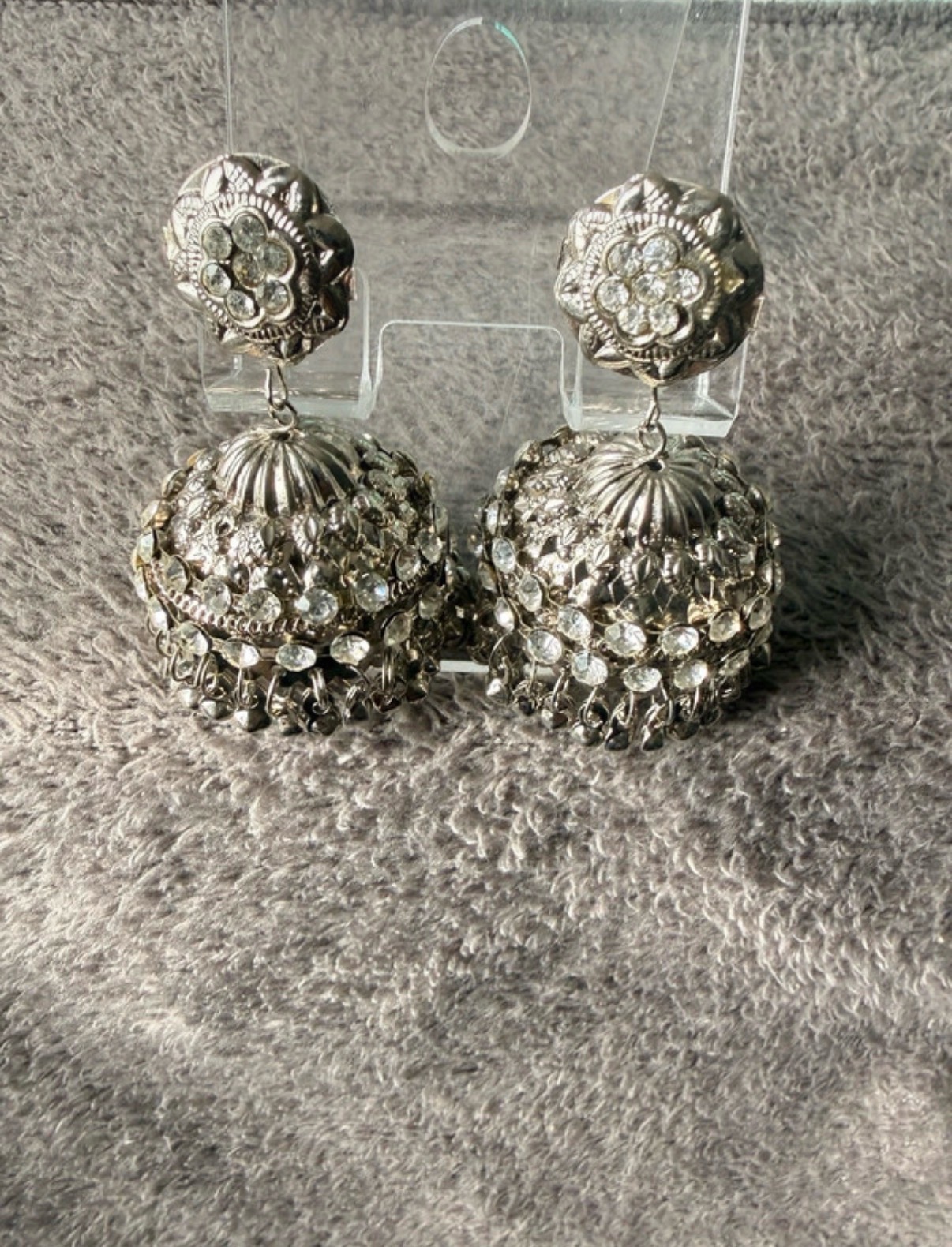 Silver Crystal Stone Studded Jhumki Earrings with Box