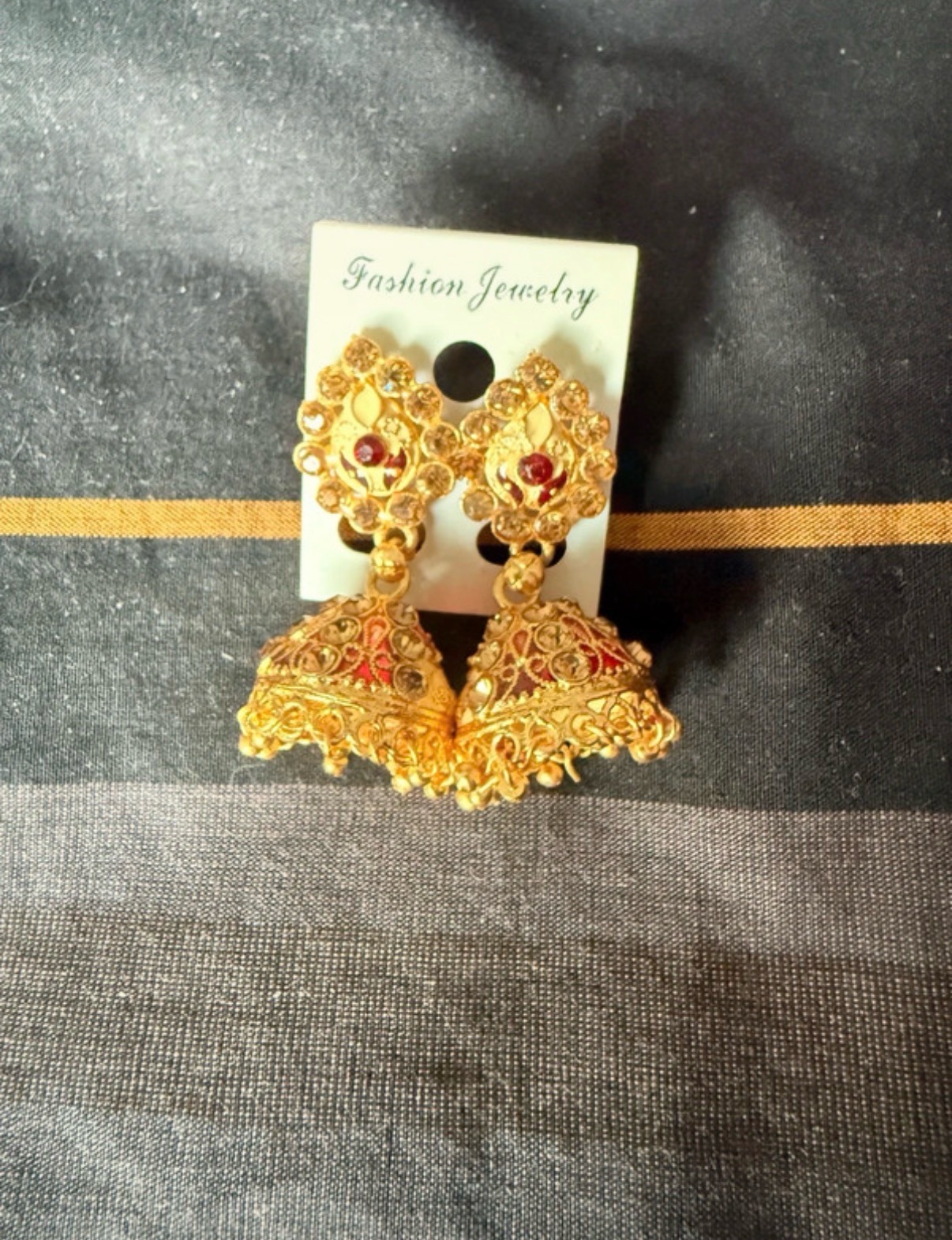 Gold Traditional Jhumka Drop Earrings with Maroon & Diamante Detail - Brand New