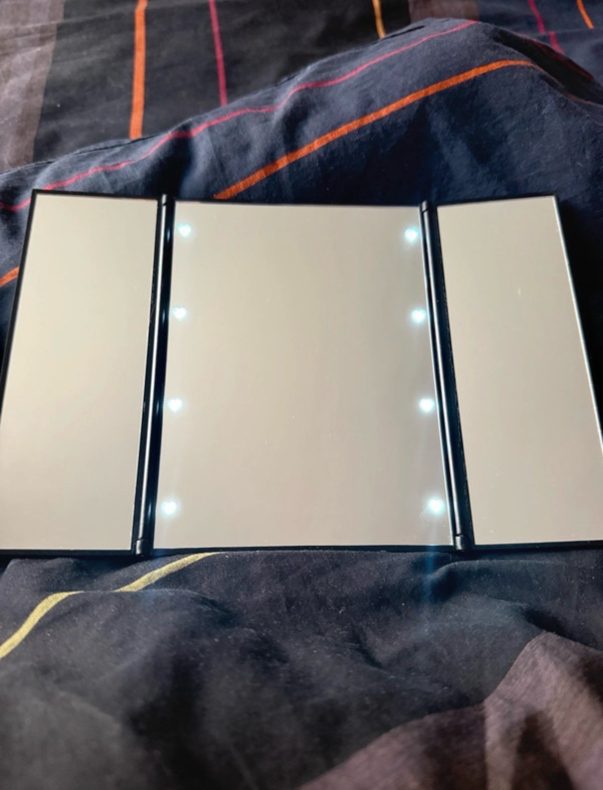 Black Tri-Fold LED Makeup Mirror with Heart Lights | Portable Vanity Mirror