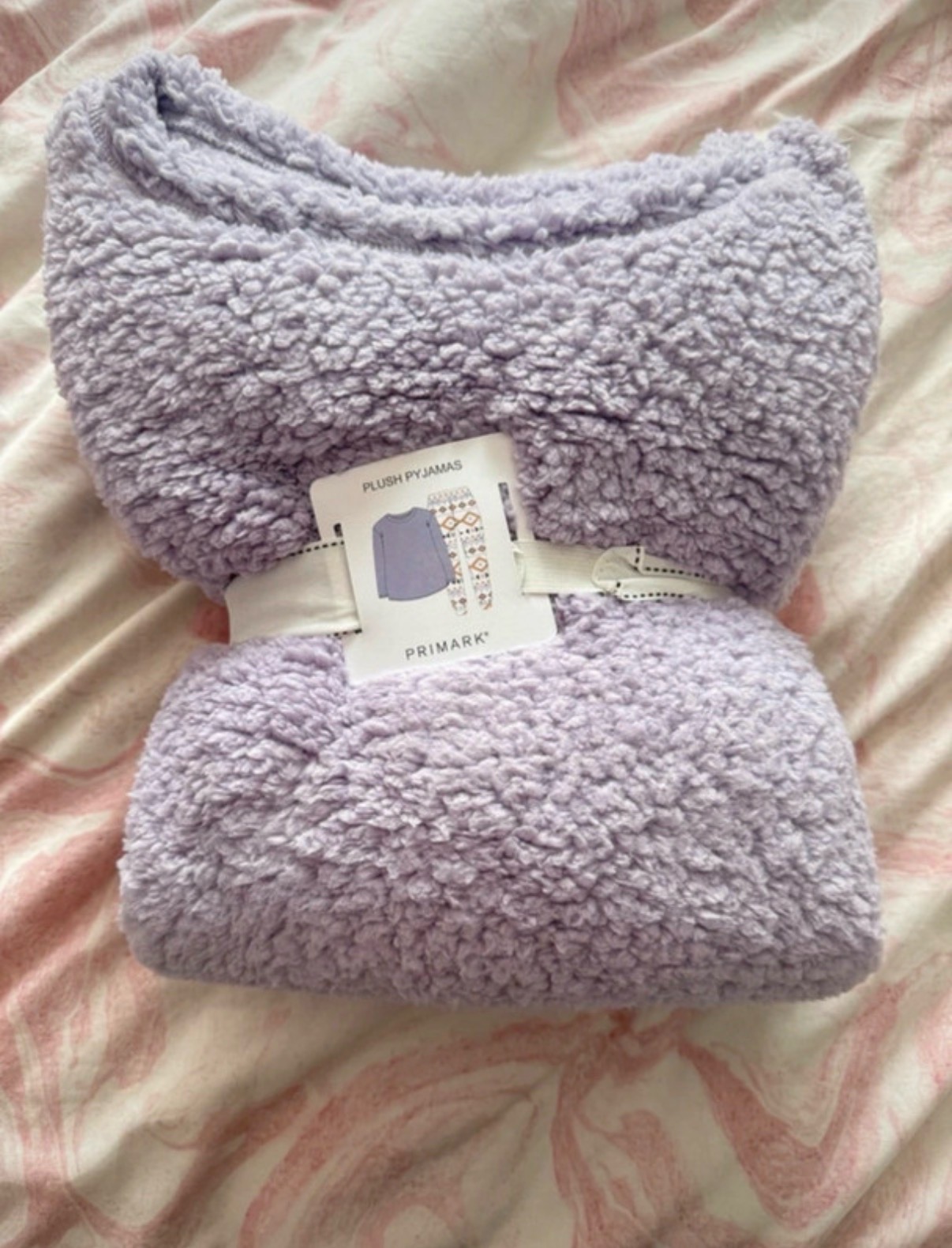 Primark Plush Pyjamas Set - Lilac Fleece Top & Printed Bottoms