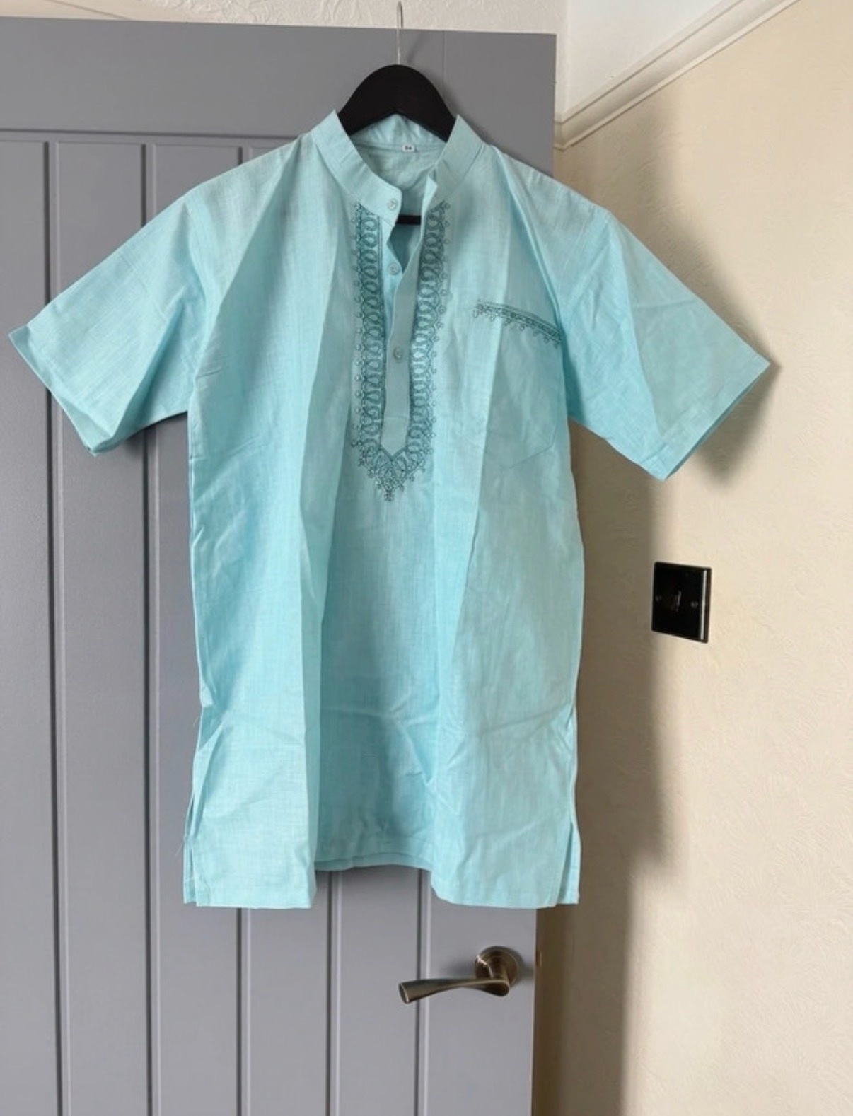 Men's Mint Blue Embroidered Short-Sleeve Kurta / Short Kamez/Bengali Fotua