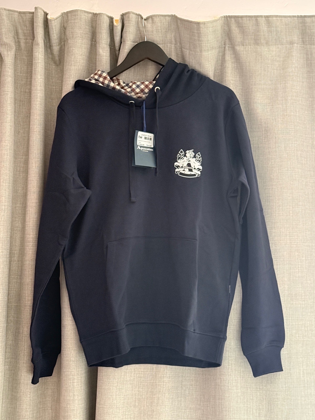 Brand New Aquascutum Navy Hoodie with Check Hood Lining (Small)