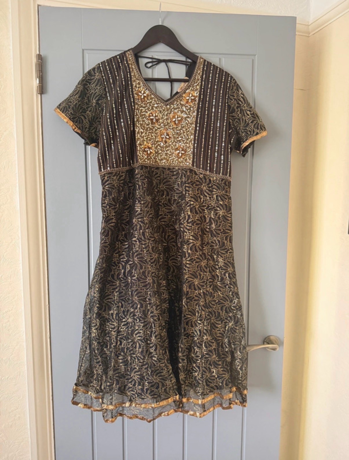 Rupali 3-Piece Black & Gold Anarkali Salwar Kameez Suit - Size L