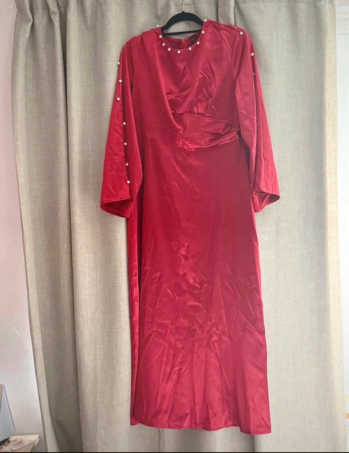 Red Satin Pearl Embellished Long Sleeve Maxi Dress