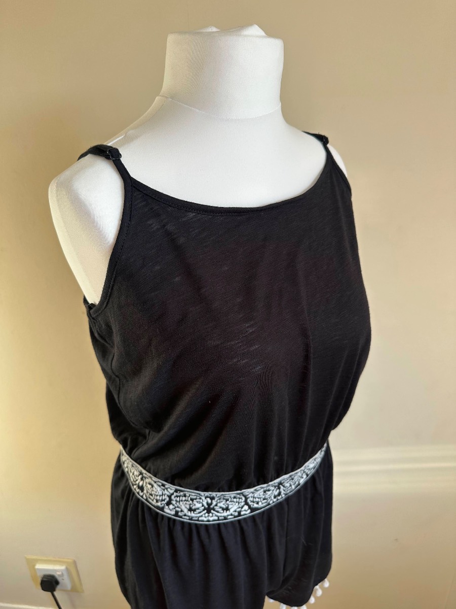 Matalan Black Strappy Playsuit with Pom Pom Trim – Boho Summer Style size 14