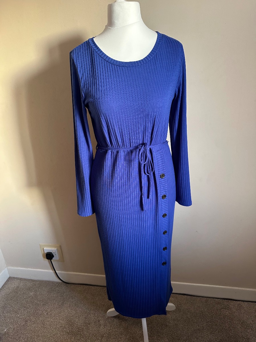 George Asda Blue minimal Ribbed Midi Dress with Tie Waist & Button Detail size 14