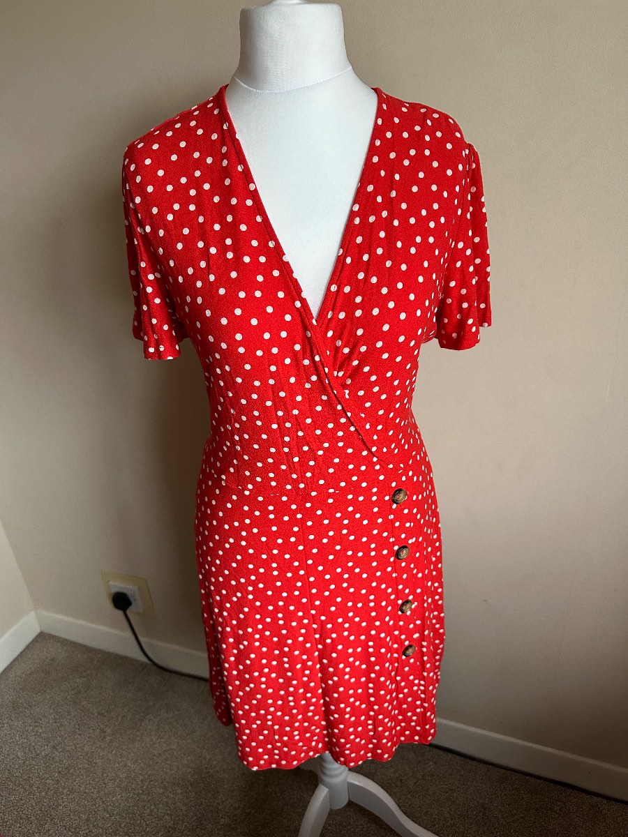 Next Red & White Polka Dot Wrap-Style Midi Dress size 14 – Retro Vintage Summer Spring Look