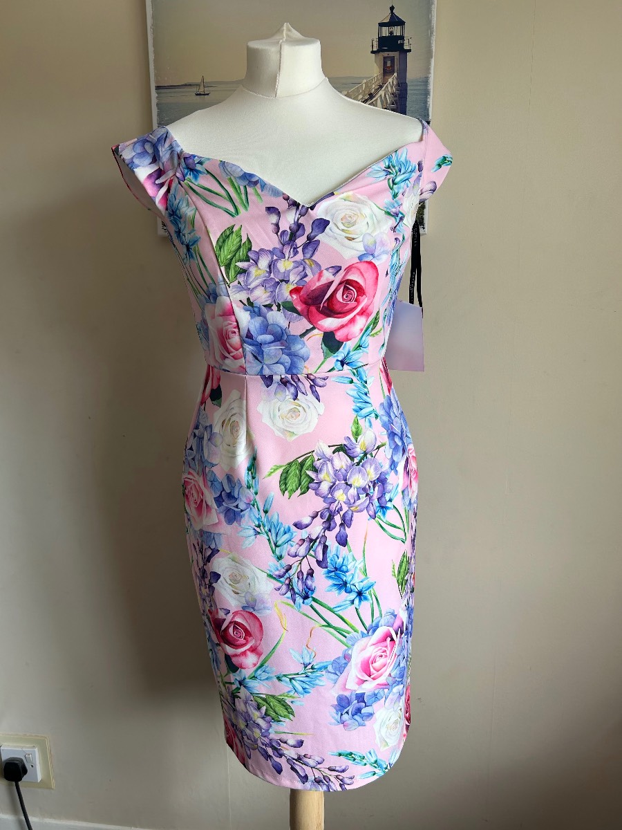 Paperdolls Floral feminine bodycon wedding guest pink midi dress size 10/12