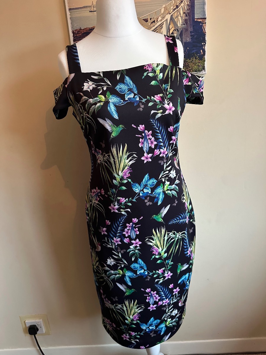 F&F Black floral print bodycon occasion dress size 14/16