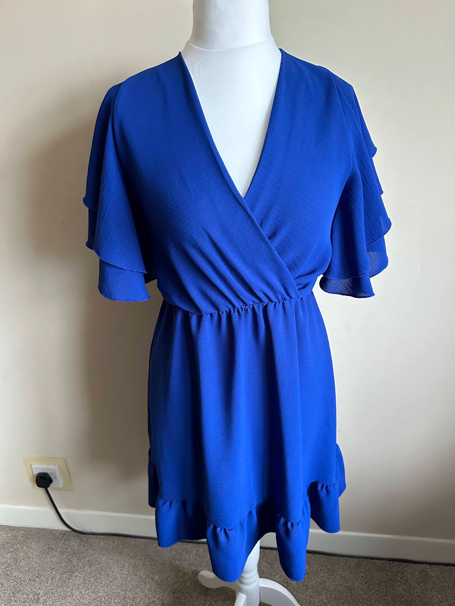 Dorothy Perkins Royal Blue Wrap-Style Mini Dress with Flutter Sleeves size 12 – Elegant & Feminine