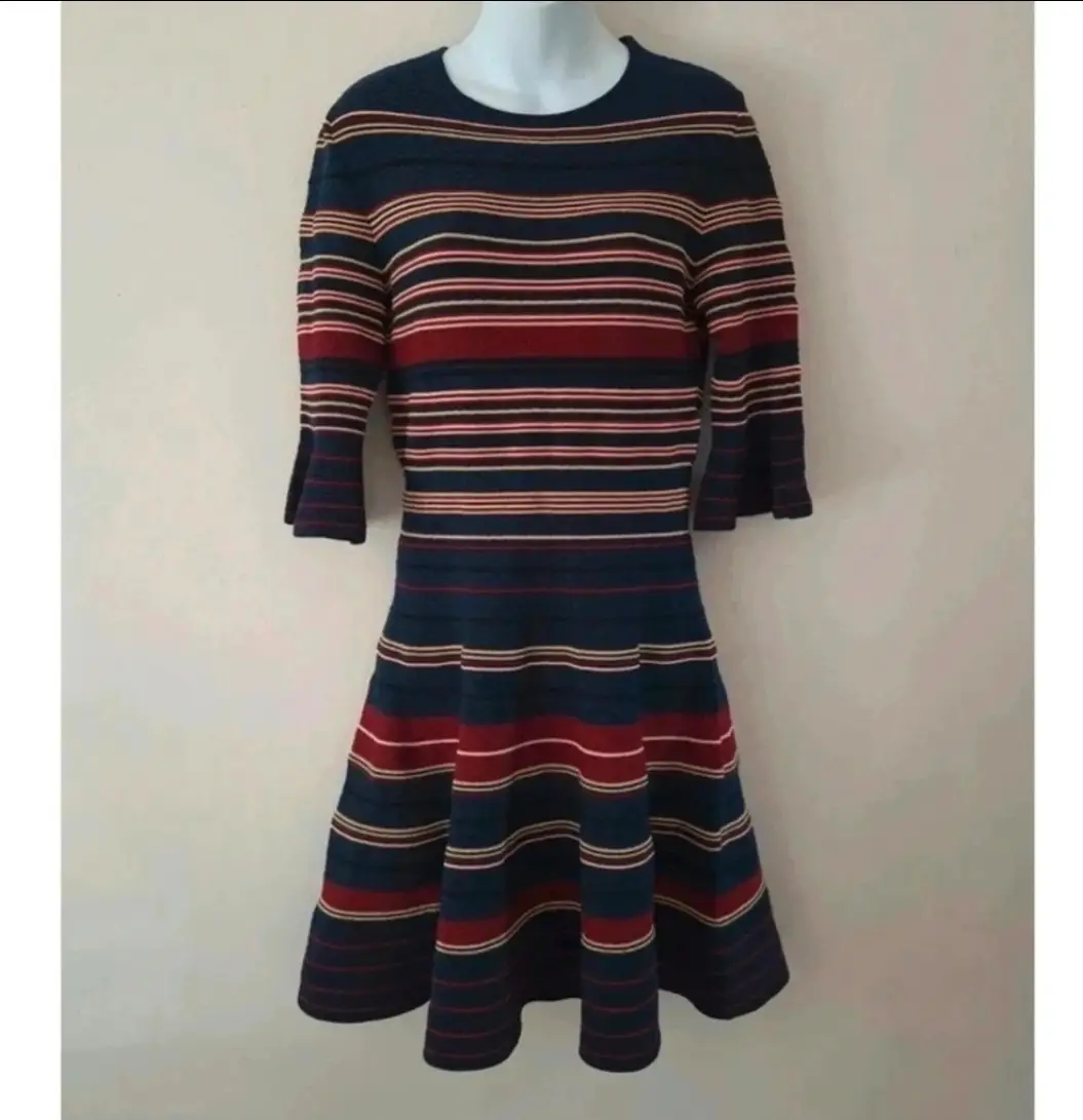 Ted Baker stripe knit frill ruffle flute bell fit and flare midi dress UK size 10