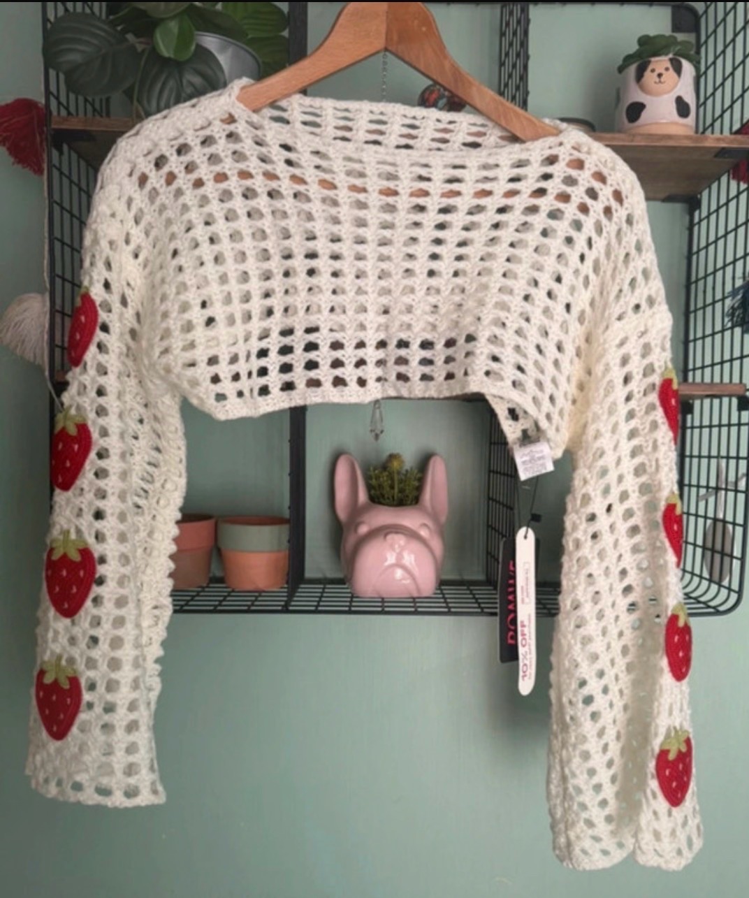 Romwe Size Xtra Small (XS)Embroidered Strawberries 🍓 Cropped shoulder Jumper New