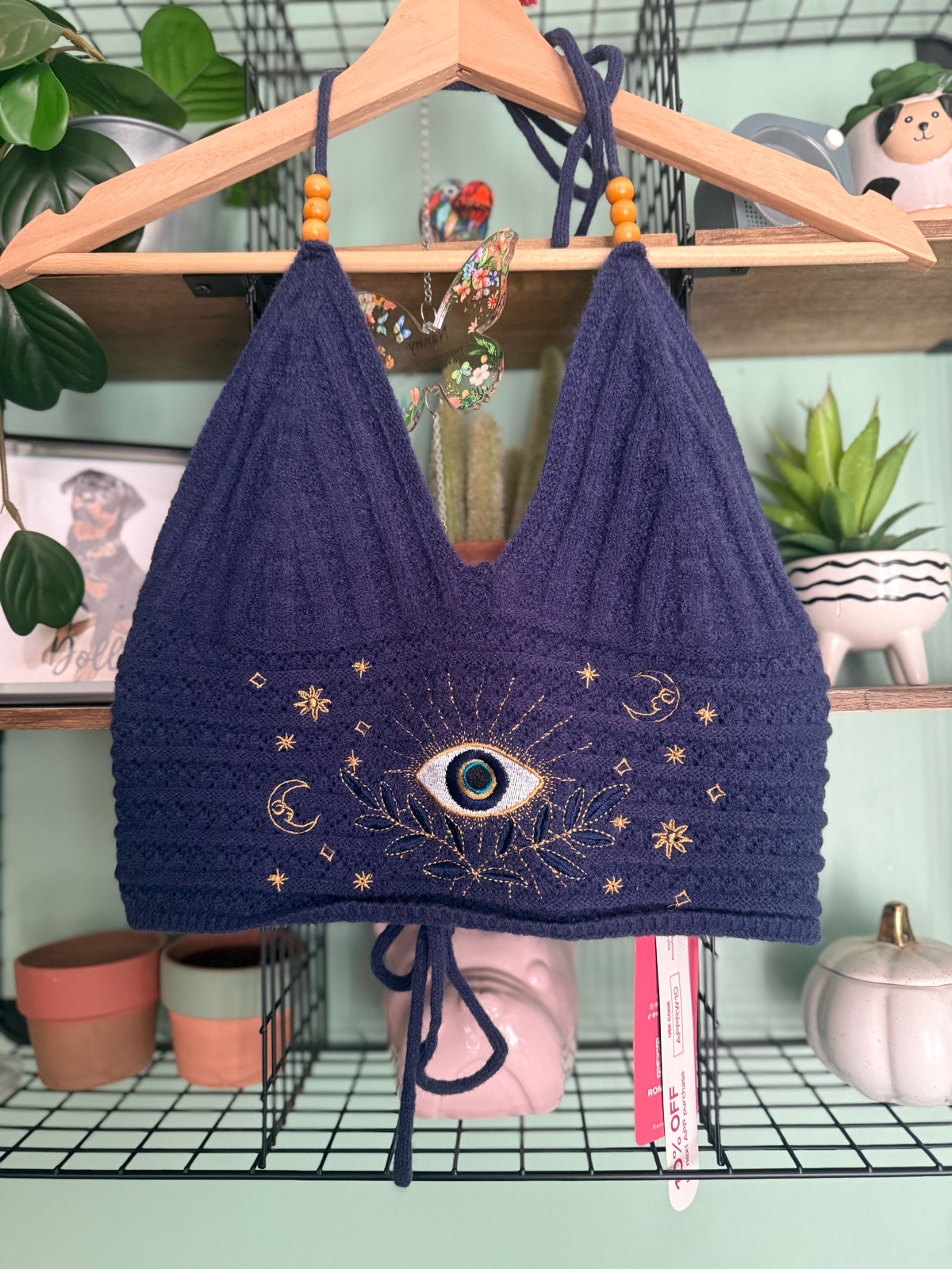 Romwe Navy Embroidered Evil Eye HalterNeck