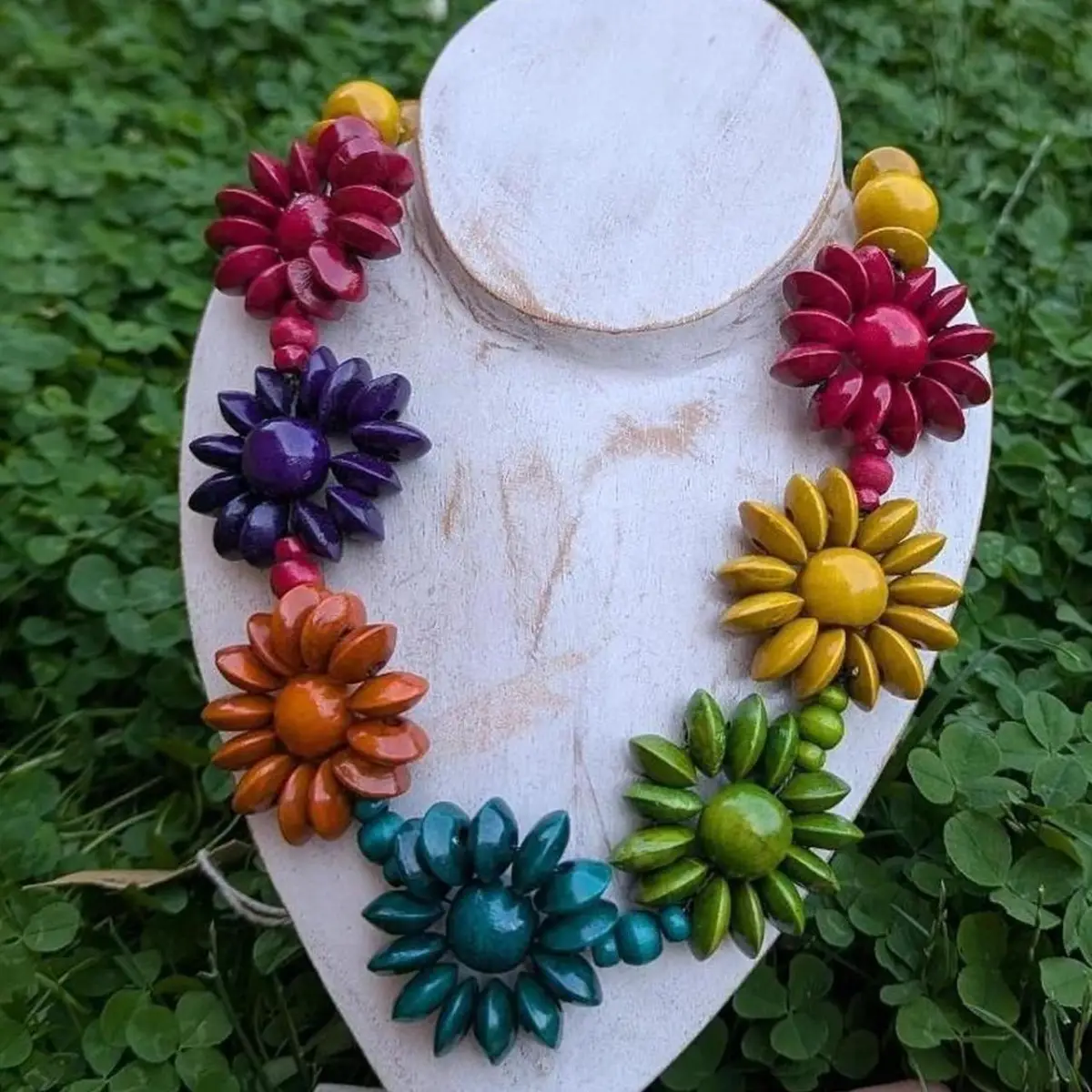 Fair Trade Handmade Rainbow Wooden Flower Bead Necklace