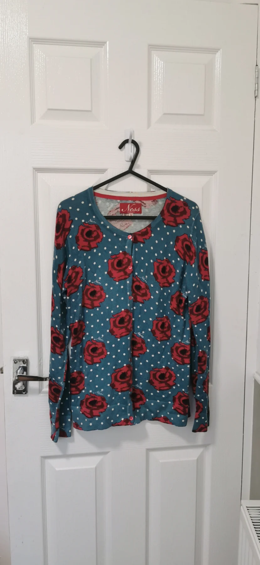 Ness Teal Floral Rose Polka Dot Knit Cardigan Size M