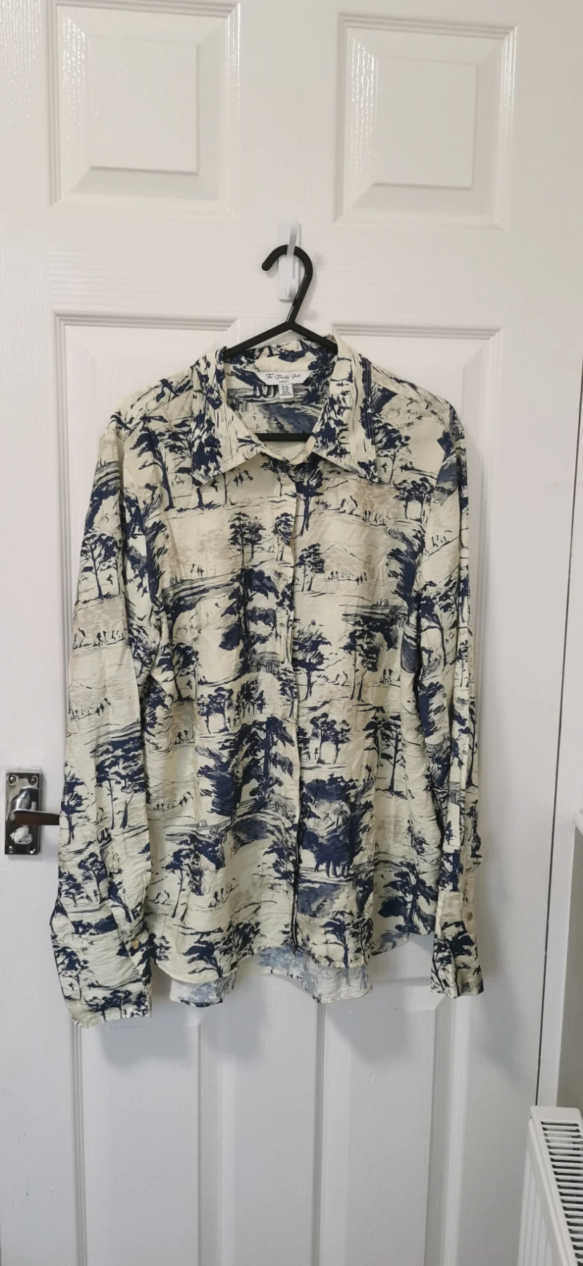 Next Scenic Landscape Print Button Down Blouse Shirt Blue Cream Size 14