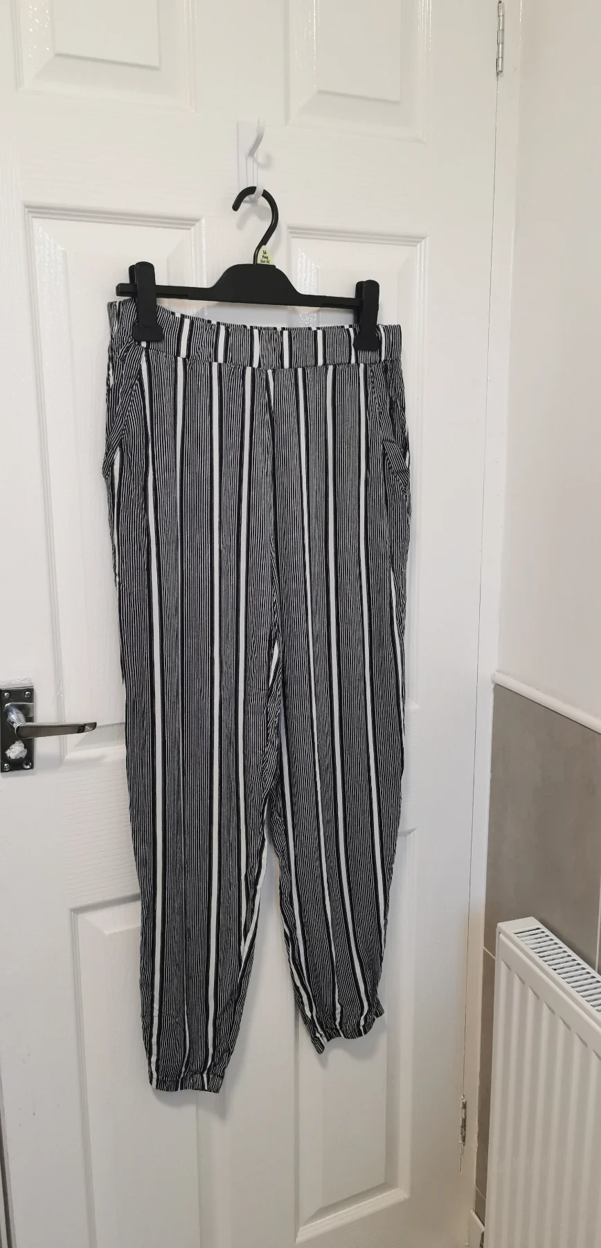 Primark Navy & White Vertical Striped Jersey Joggers Harem Trousers Sz. 14