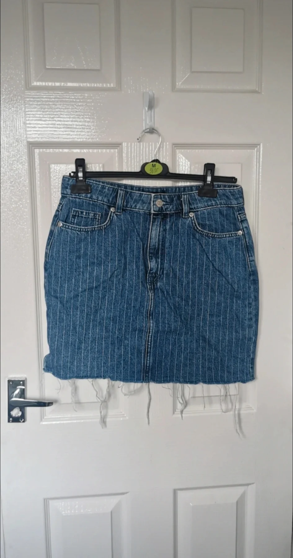 F&F Blue Pinstripe Denim Mini Skirt Frayed Raw Hem Striped Y2K Size 10