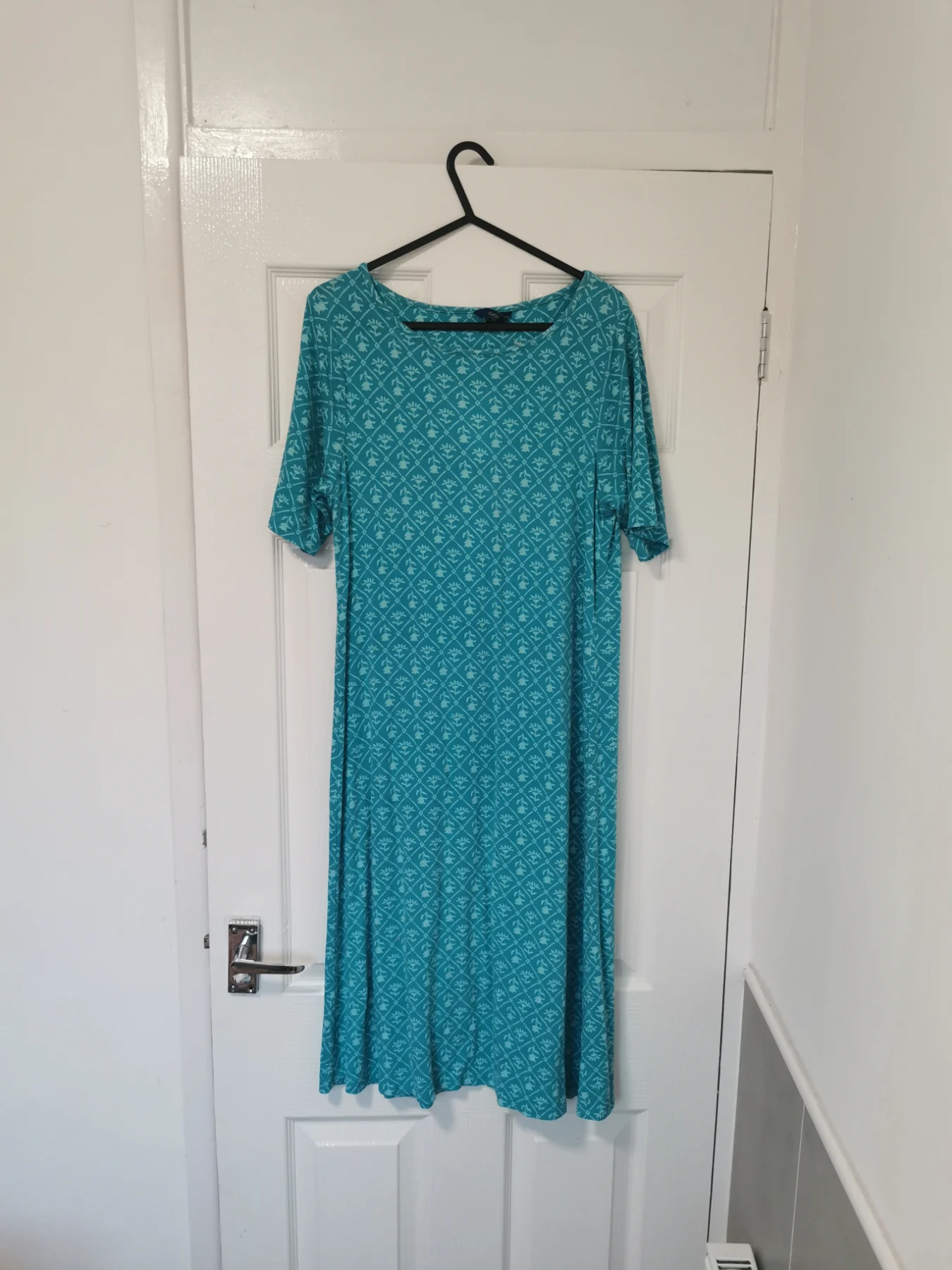 Cotton Traders Teal Geometric Print Short Sleeve Jersey Midi Dress Size 10