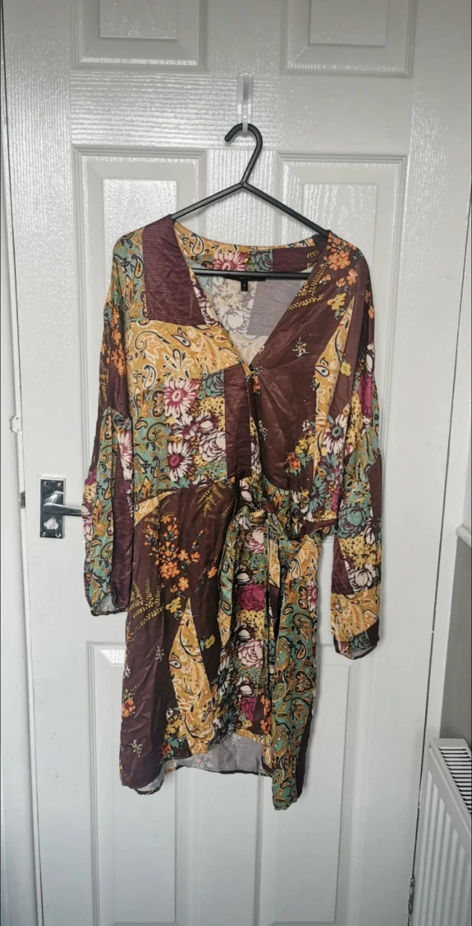 Next Floral Satin Kimono Wrap Dress Size 14 Patchwork Boho Festival V-Neck Mini