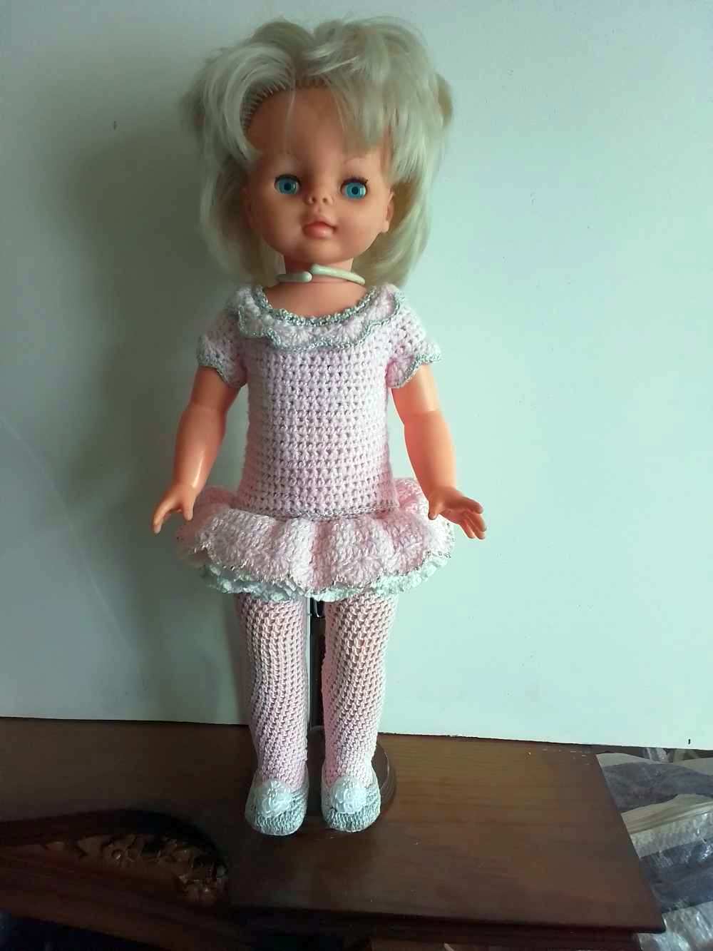 19 in 48 cm 1970's Palitoy Doll in a Pink Crochet Ballerina Outfit trimmed with silver thread