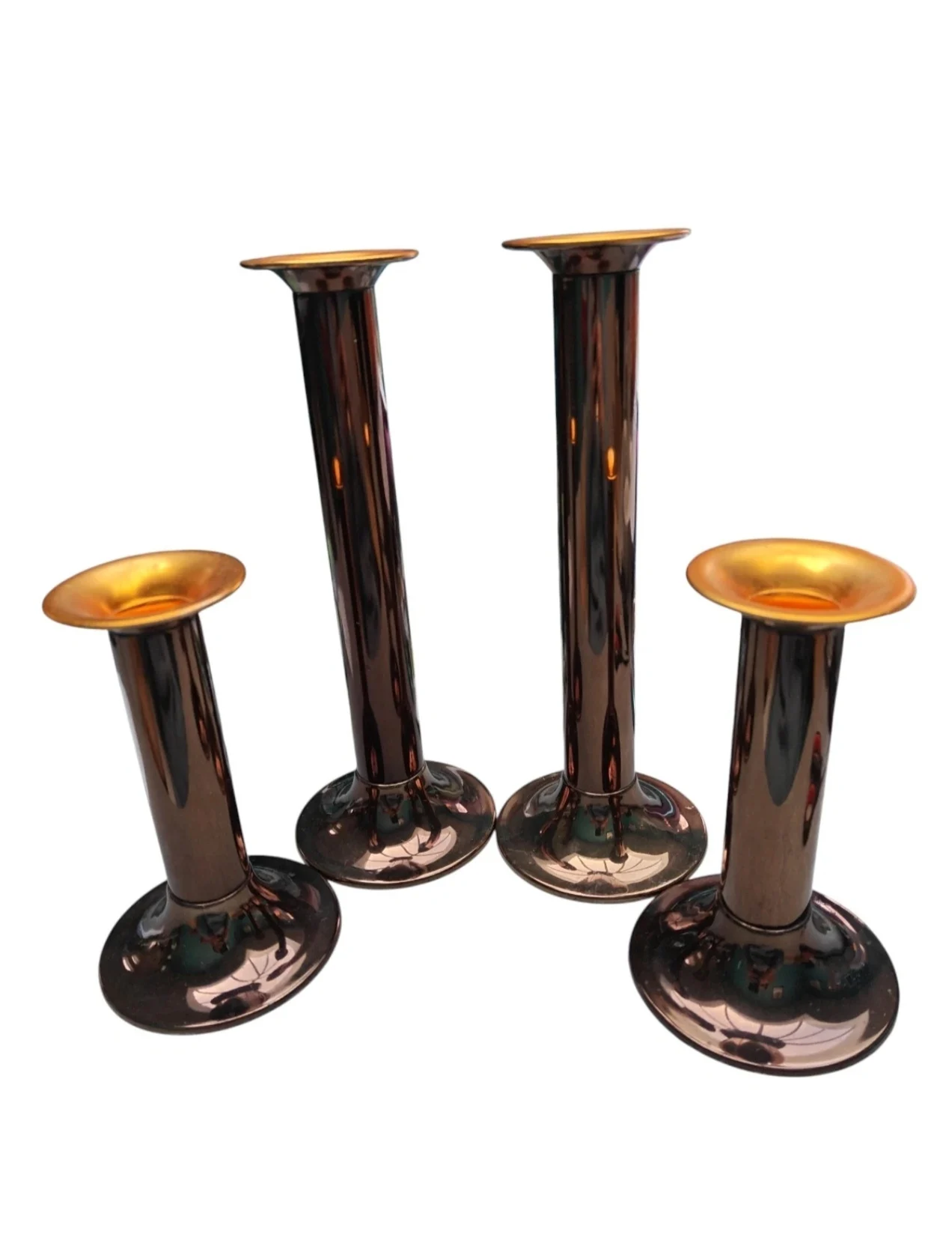 Vintage Set of 4 Metallic Bronze and Gold Candle Holders Tall and Short