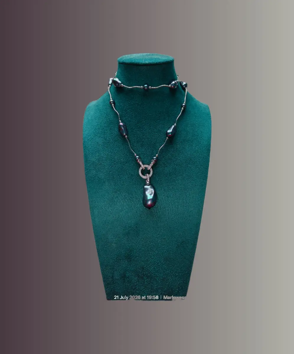 Peacock Colour Shell Pearl, White Cubic Zirconia Necklace