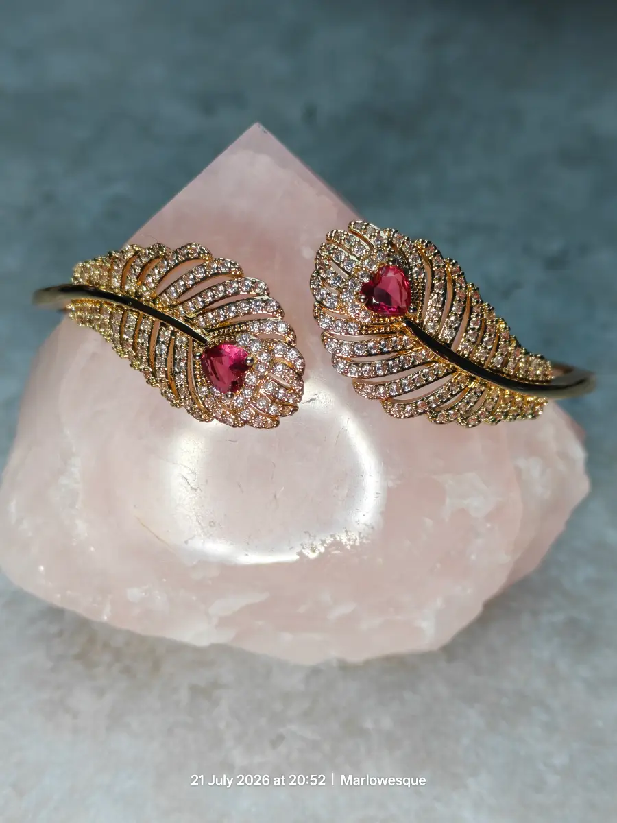 Designer Inspired - Ruby Colour Zirconia and White Cubic Zirconia Peacock Feather Cuff Bangle