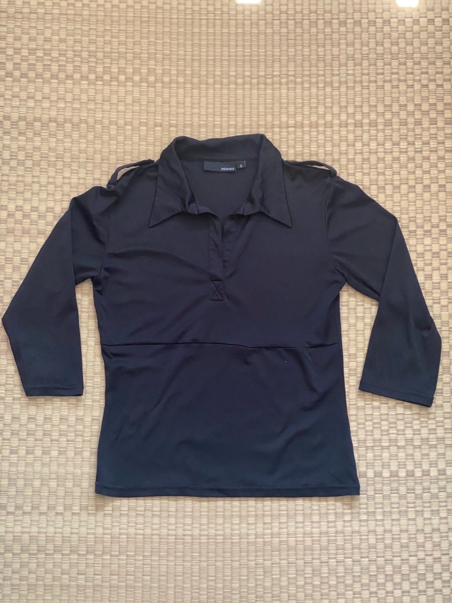 Hennes Vintage Fitted Black Top – Polo Collar, 3/4 Sleeves, Size S