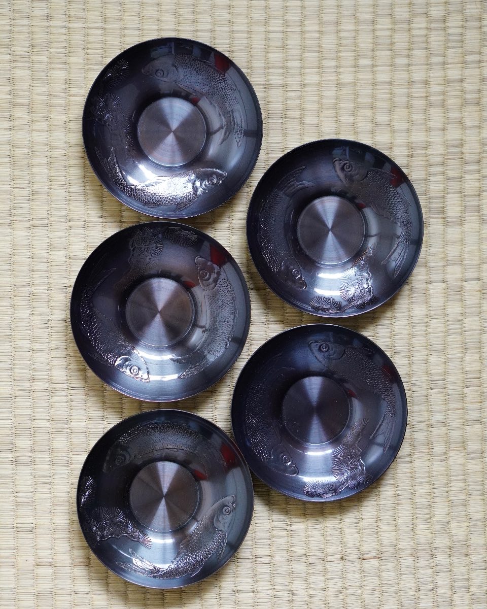 Shinkoukinzoku Copper Chataku Set of 5 – Hammered Matsukoi Design, Traditional Japanese Craft
