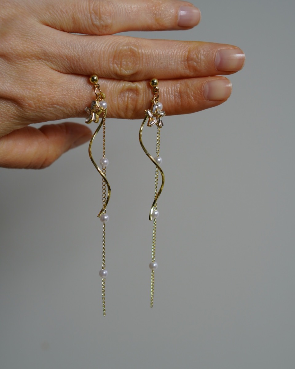 Celestial Crystal Star Gold Tone Wave Pearl Drop Earrings