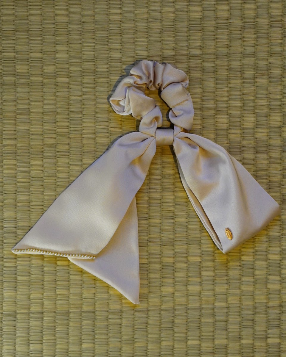 Handmade Silky Scrunchie with Beaded Bow Tie – Champagne / Cream