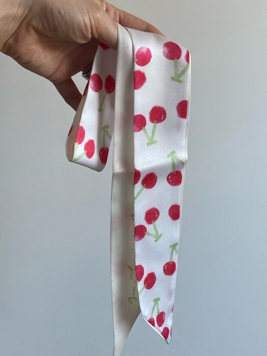 Reversible Skinny Scarf / Head Scarf / Ribbon – Cherry Print & Text Print