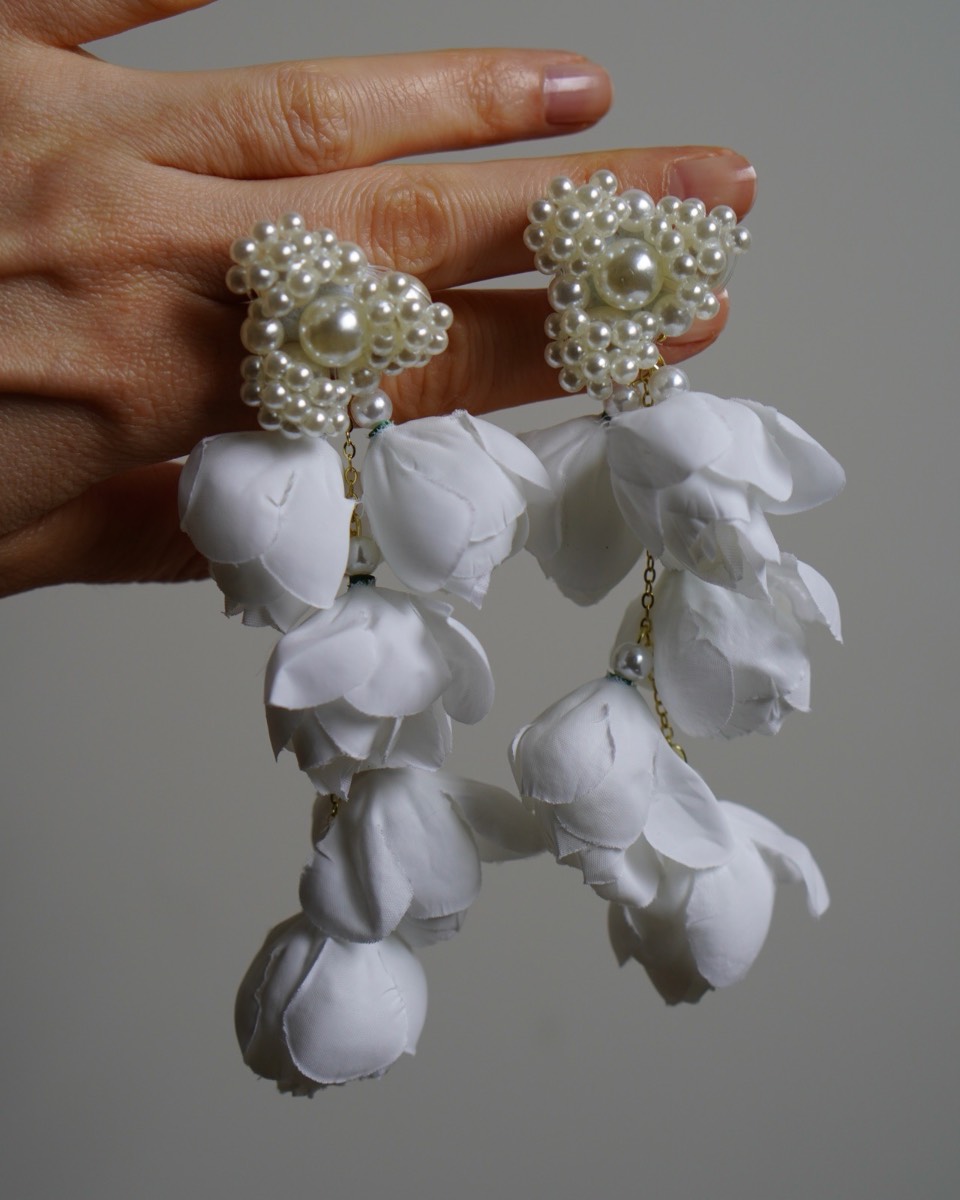 White Floral Pearl Cluster Drop Earrings – Romantic Couture, Gold Plated