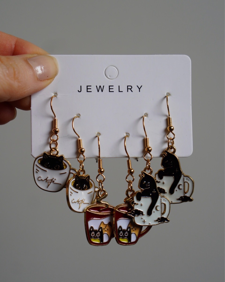 3 Pairs Enamel Earrings Set – Kawaii Cat & Coffee / Tea Cup