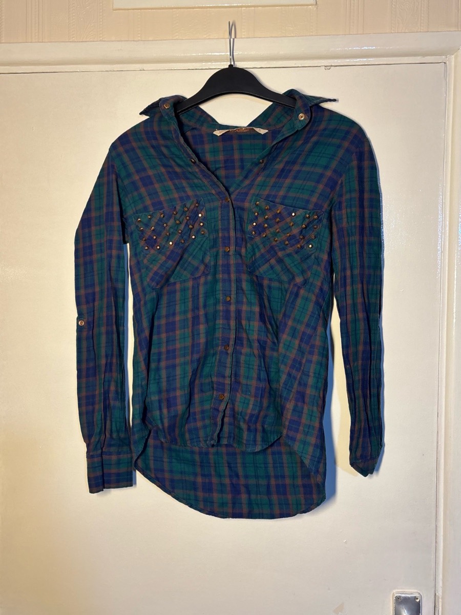 Zara Woman Green Blue Tartan Plaid Check Studded Shirt Blouse XS