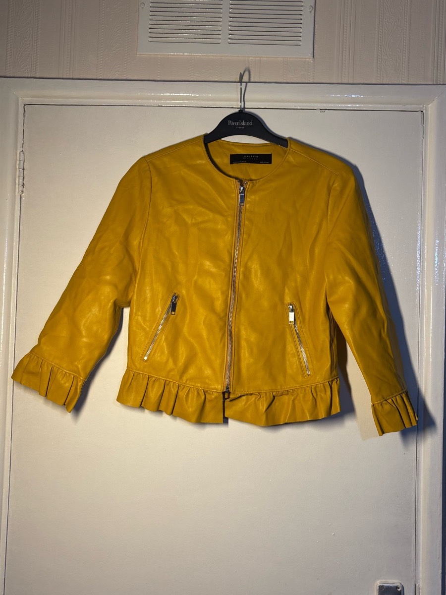 Zara Basic Mustard Yellow Faux Leather Ruffle Hem Jacket Size M / UK 10
