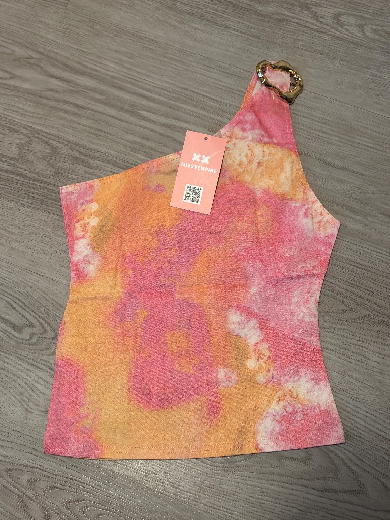 Missy Empire One Shoulder Buckle Top - Pink & Orange Tie Dye - Size 8 (New)