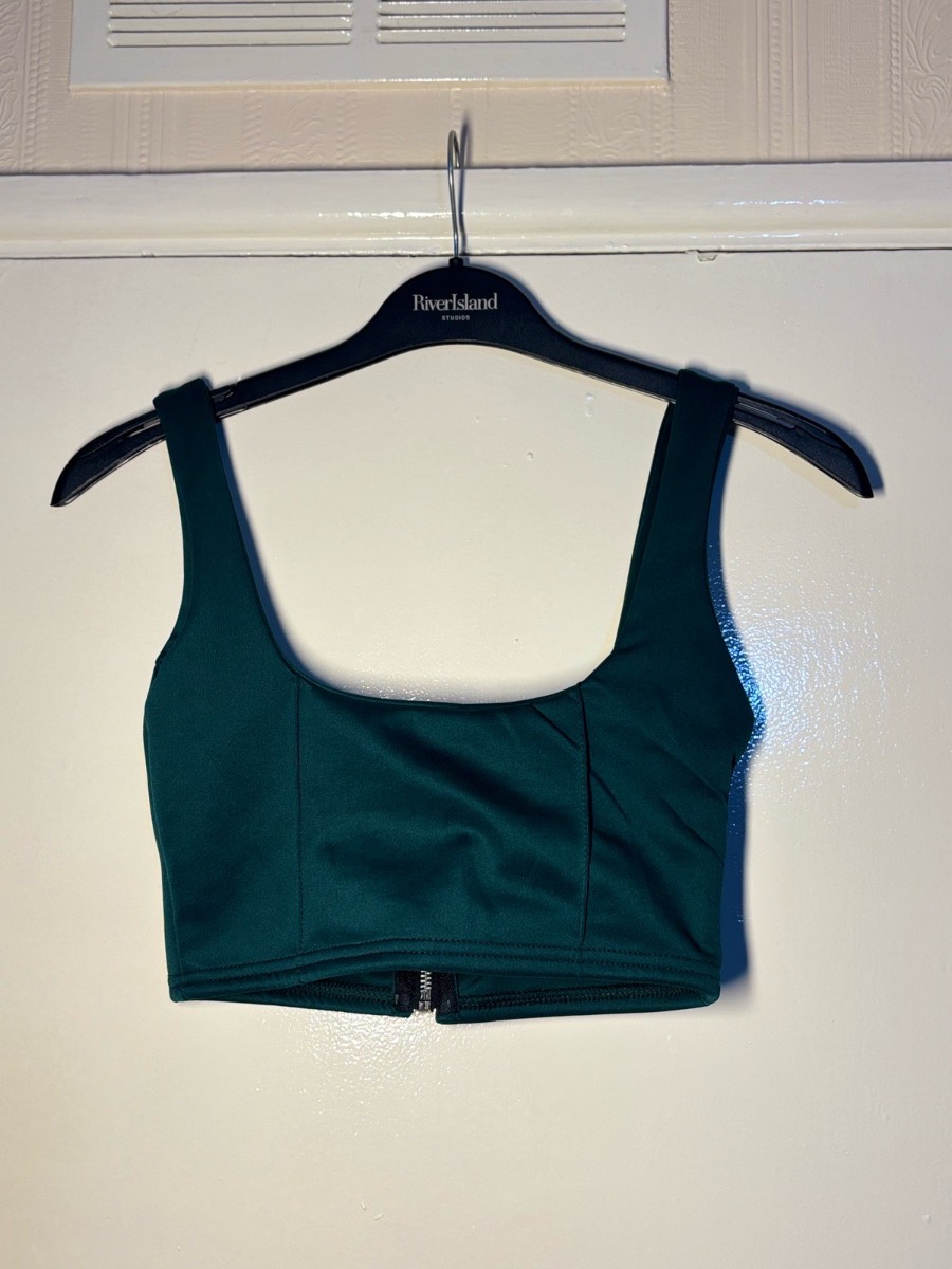 PLT Dark Green Scuba Crop Top with Front Zip - Size 6