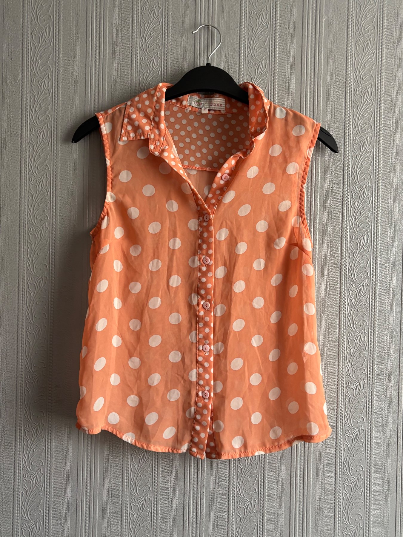 Cameo Rose Peach & White Polka Dot Sleeveless Blouse Shirt - UK 8